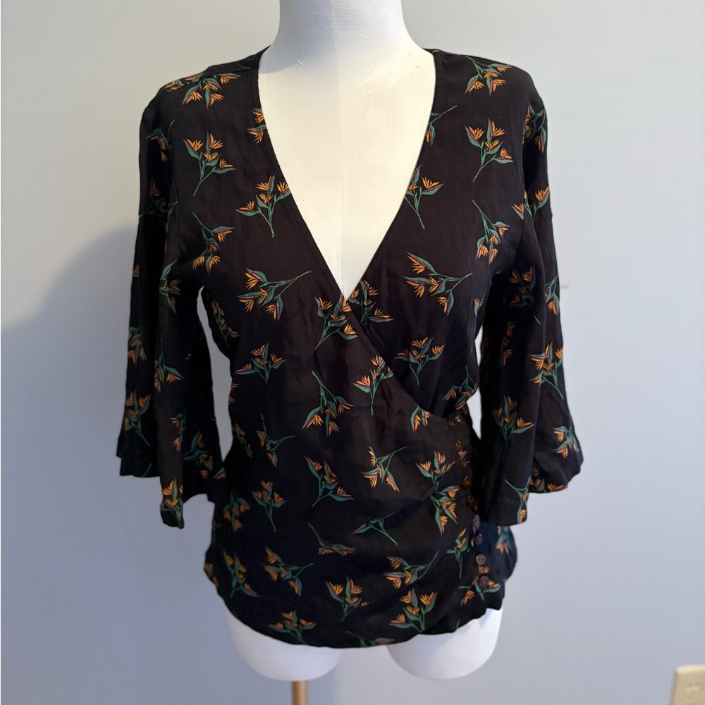 ba&sh XS 0 Ferdy Blouse Black Orange Floral 3/4 Sleeve Flared Button Up V-Neck